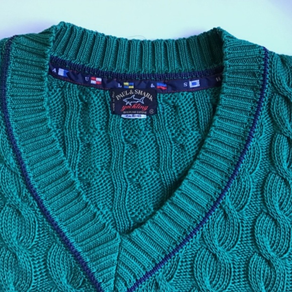 Paul & Shark green cabled V neck cotton pullover Sz XL made in Italy 🇮🇹 - Picture 5 of 7